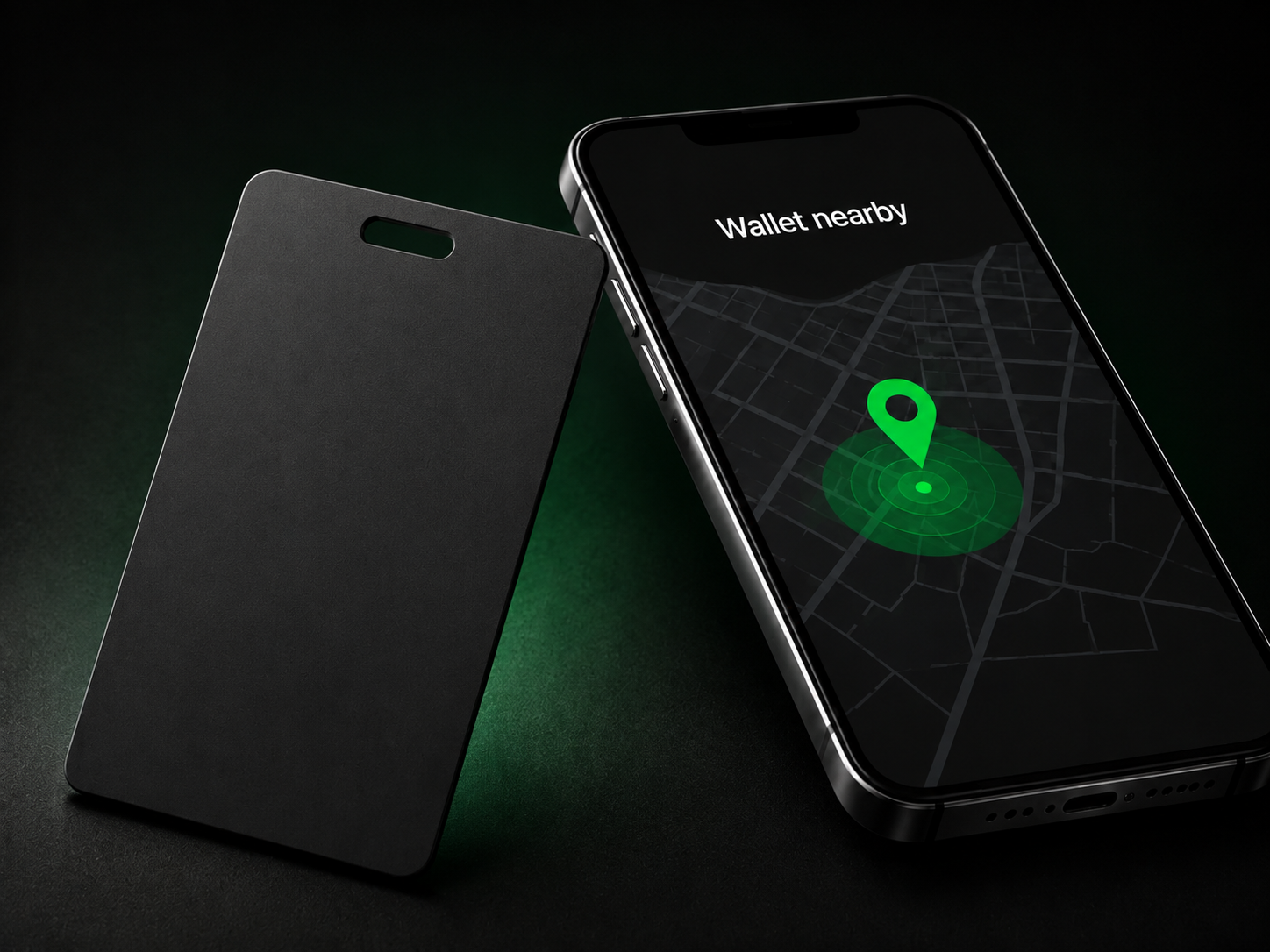 Slim black tracking card beside a phone showing the wallet nearby